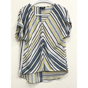 Jones New York Women's Small Career Top Blue Yellow Stripe Shirt Blouse